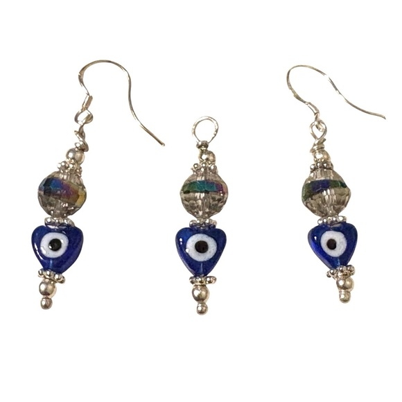 Evil Eye Glass Heart Dangle Earrings and Necklace Charm - Picture 1 of 3